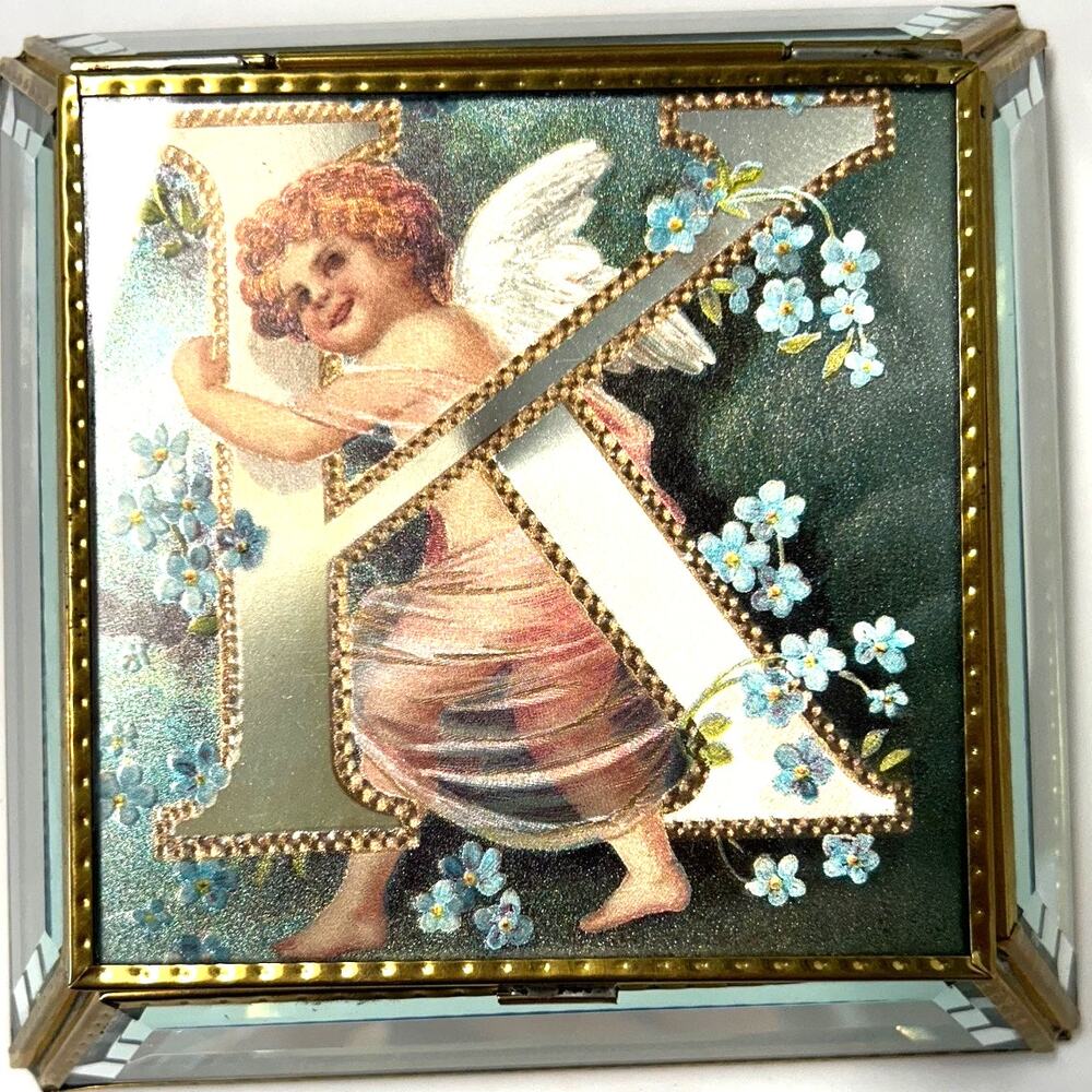 Beveled Glass Jewelry Trinket Box Victorian Style‎ Angel Flowers Monogram "K"